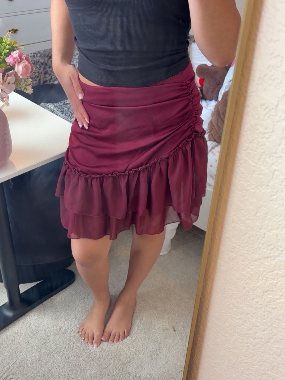 Asymmetrical Burgundy Ruffle Mini Skirt
